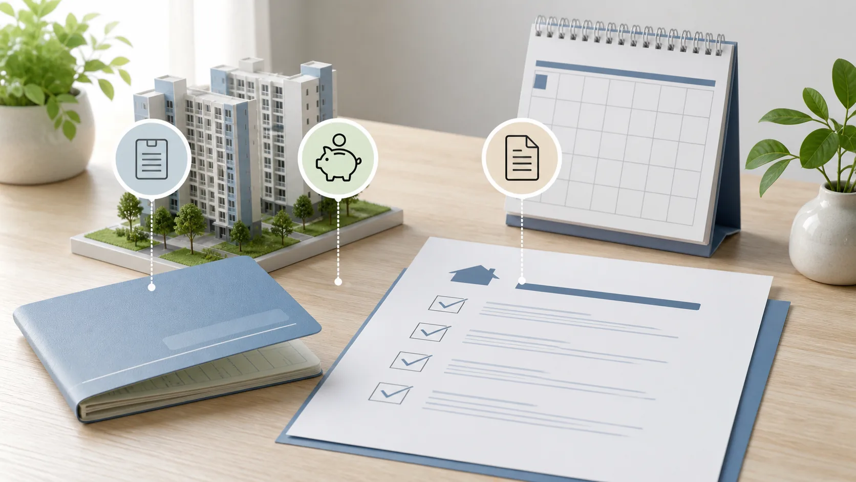 A checklist of items to review before applying, featuring an apartment model and a housing subscription savings account